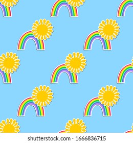 Summer colorful seamless pattern with sun and rainbow on sky blue background. Design for invitation, poster, card, fabric, textile, fabric. Cute holiday illustration for baby.  Doodle style.