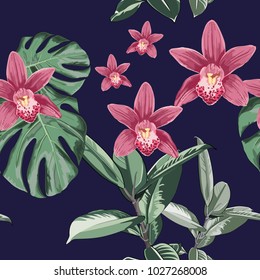 Summer colorful seamless pattern with tropical plants and orchid flowers, vector illustration for textile.