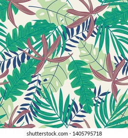Summer colorful seamless pattern with tropical leaves. Vector design. Jungle print. Floral background.