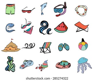 summer  and colorful set of hand drawn Vector Icons : Beach in the Summer Theme, isolated on white