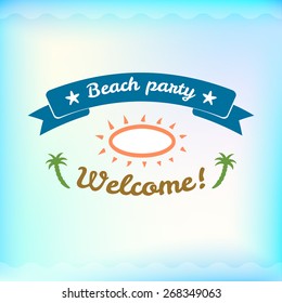 Summer colorful sign, beach party, retro typography, sea and beach logo on water background