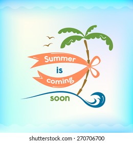 Summer colorful sign, summer is coming soon, retro typography, sea and beach logo on water background