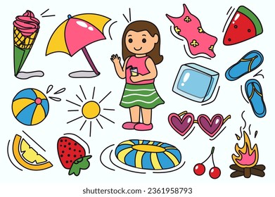 Summer colorful stickers in flat design. Showing sunny season with collection of cartoon-style summer stickers, designed to infuse creations with a whimsical, summery vibe. Vector illustration.