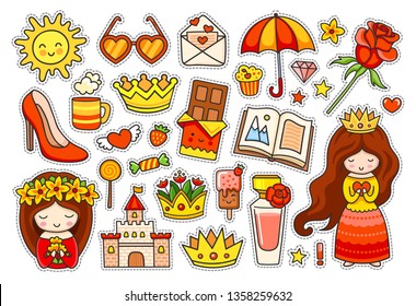 Summer colorful stickers. Set of badges, patches, pins. Little princess, umbrella, rose, chocolate, heart sunglasses, golden crown. Vector illustration.