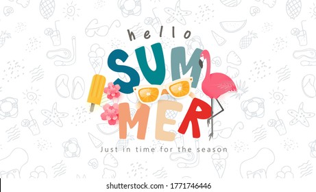 Summer colorful text banner design with beach accessories on white background.Hand drawn elements set for summer holiday. 