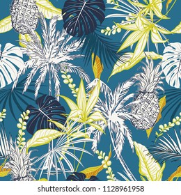 Summer colorful  tropical forest  leaves and tress  hand drawn style seamless pattern vector for fashion fabric , wallpaper, and all prints on ocean blue background color