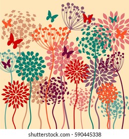 summer colorful vector background with flowers and butterflies