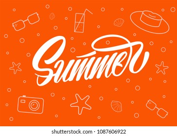 Summer colorful vector lettering sign and outline icons