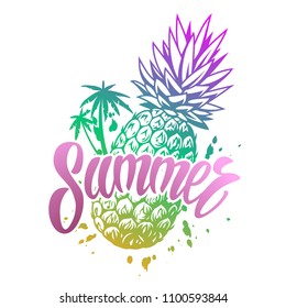 Summer colorful vintage emblem with pineapple and palms. Vector illustration.