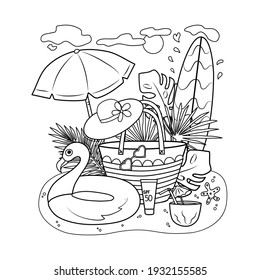 Summer coloring book with beach, surfboard, sun umbrella, sunscreen, hat, beach bag, palm leaves. Vector illustration. Coloring book for children and adults. The objects are isolated.