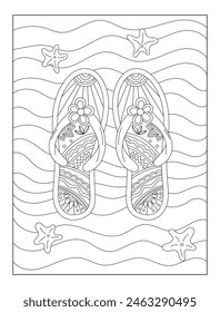 Summer coloring book for kids and adults, pair of shoes with floral design, hand drawn outline illustration for coloring book
