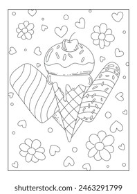 Summer coloring book for kids and adults, ice cream outline design, floral coloring book, hand drawn outline illustration for coloring book