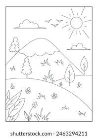 Summer coloring book for kids and adults, mountain with tree, outline drawing for coloring book