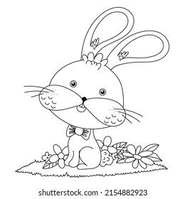 Summer coloring book for kids. Cute little rabbit. Vector black and white illustration in cartoon style. Contour on a white background. Hand drawing.