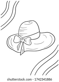 Summer coloring page for adults and children. Cute hand drawn doodle beach hat with bow. Black and white vector illustration.