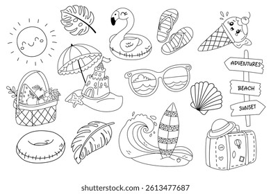 Summer coloring page with beach elements and cute drawings