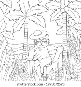 Summer coloring page. Cute cat and palm trees. Vector illustration. 