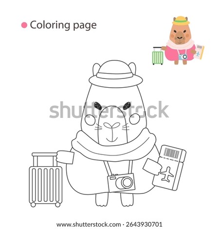 Summer coloring page with cute travel capybara – cartoon-style animal with suitcase, camera, hat, and passport, plus corner color preview for kids’ travel-themed activities.