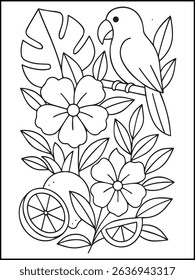 Summer Coloring Page for Kids and Adults – Printable Black and White Line Art with Fruit and Flowers for Stress Relief, Relaxation, and Fun