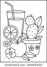 Summer Coloring Page for Kids and Adults – Printable Black and White Line Art with Fruit and Flowers for Stress Relief, Relaxation, and Fun
