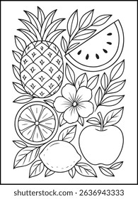 Summer Coloring Page for Kids and Adults – Printable Black and White Line Art with Fruit and Flowers for Stress Relief, Relaxation, and Fun