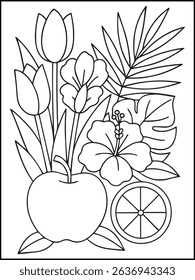 Summer Coloring Page for Kids and Adults – Printable Black and White Line Art with Fruit and Flowers for Stress Relief, Relaxation, and Fun