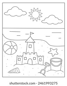 Summer coloring page for kids, summer worksheet activity, summer sketch, beach coloring page activity 