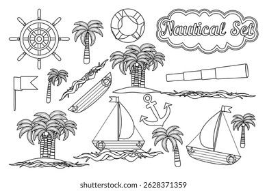 Summer coloring page of nautical set with sailboats, boats, anchor, lifebuoy, ship wheel, spyglass, sea waves, tropical coconut palms, and flag. For entertaining, summertime, nautical, maritime design
