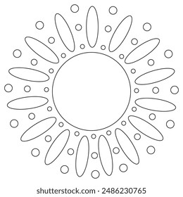 Summer coloring page outline drawing of sun with oval and circle shaped rays. Oval and round sunbeam. For entertaining kids, summertime, seasonal, beach, climate, and outdoor black and white design.