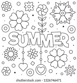 Summer. Coloring page. Vector illustration. Sun, clouds, flowers.