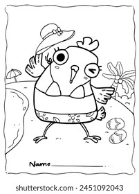 Summer Coloring Pages For Kids,  chicken on the beach, digital painting, Preschool, Coloring Book Simple, Homework, Homeschool, Printable worksheets , Kindergarten