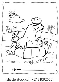 Summer Coloring Pages For Kids,  chicken on the beach, digital painting, Preschool, Coloring Book Simple, Homework, Homeschool, Printable worksheets , Kindergarten