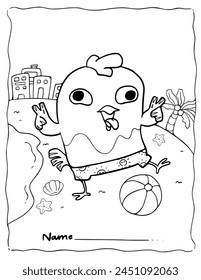 Summer Coloring Pages For Kids,  chicken on the beach, digital painting, Preschool, Coloring Book Simple, Homework, Homeschool, Printable worksheets , Kindergarten