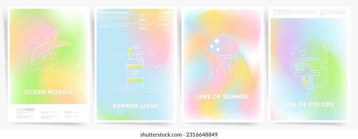 Summer colors blurred backgrounds with soft color gradient. Aesthetic graphic design with medusa, beacon, snorkeling and diving illustration. Vector illustration.