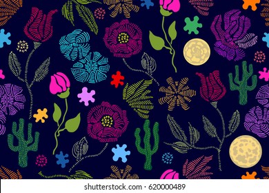 Summer colors. Floral seamless vector pattern with embroidery wildflowers and succulents. Stylized hand drawn elements. 1950s-1960s motifs. Retro textile design collection. Colorful on dark.