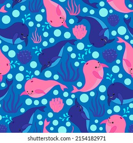 Summer colourful baby pattern, pink and blue little whales, blue background. Seamless pattern, kawaii, vector.