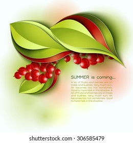 Summer is coming abstract vector background. Red green color leaves and berry. Paper design.