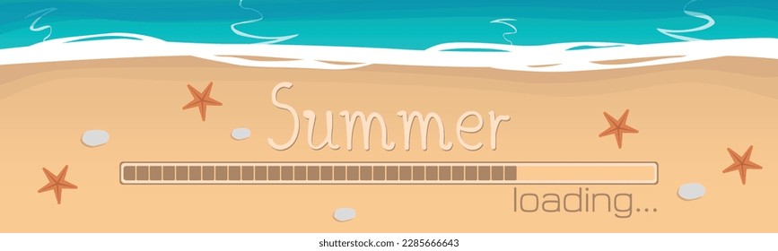 The summer is coming banner. The concept with sea and sand and the loading bar. A vector illustration