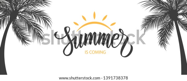 夏が来る 夏の季節の背景に手書きの文字とヤシの木 ベクターイラスト のベクター画像素材 ロイヤリティフリー