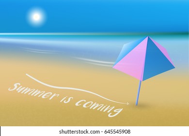 Summer is coming. Beach umbrella by the sea.