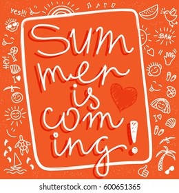 Summer is coming. Colored summertime banner with hand drawn symbols. Vector vertical poster with funny doodles: icons, symbols, turtles, sun, shell, seagulls, palm tree and another signs. 