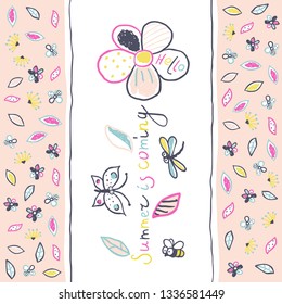 Summer is coming. Cute hand-drawn background with flower, insects and lettering. Summer greeting card in pastel colors. Vector Illustration