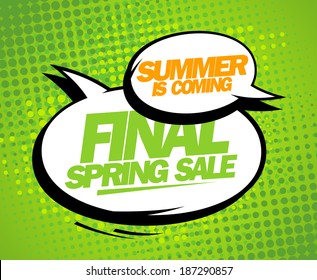 Summer is coming, final spring sale design with balloons, comic style