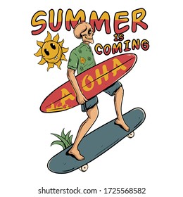 Summer is coming illustration. Skull skateboarding and holding surfboard