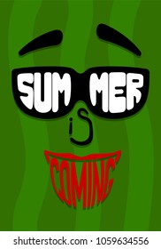 Summer coming inscription on poster. Face with sunglasses and smile. Summer poster
