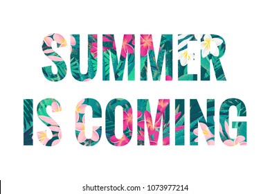 Summer is coming lettering. Retro vector tropical letters with pink and white frangipani (plumeria) flowers and palm leaves