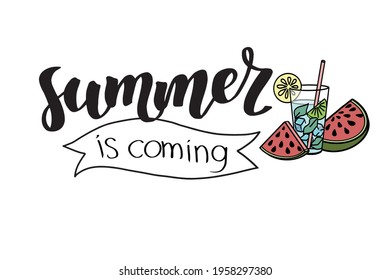 Summer is coming lettering with tape, watermelon and glass od beverage. Hand drown illustration converted to vector, coloured, isolated.