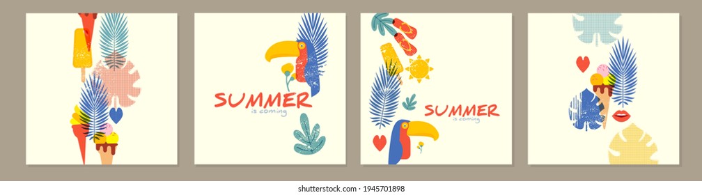 Summer is coming poster set. Design template with silk-screen effect. Serigraphy design