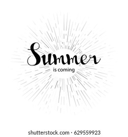 Summer is coming retro label with light rays. Summer label. Vector