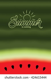 Summer is coming text on watermelon background. Vector illustration.